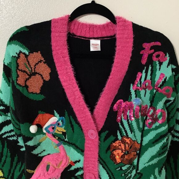 Holiday Time Fa La La Flamingo Kitsch Ugly Colorful Christmas Sweater Cardigan S - Picture 2 of 12